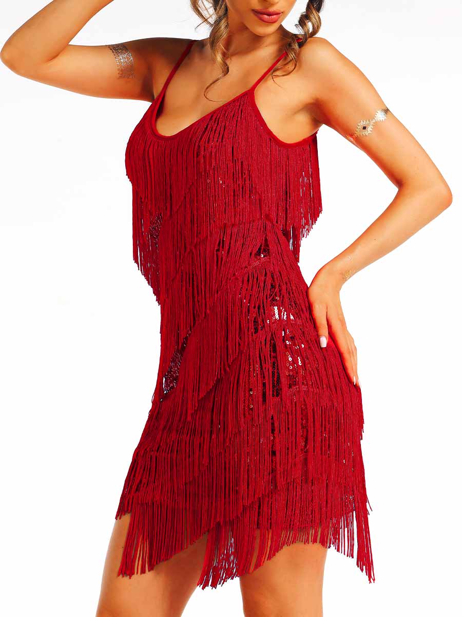 bohemian red sparkly tassel dress