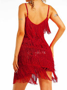 slim fit bohemian red sparkly tassel slip dress