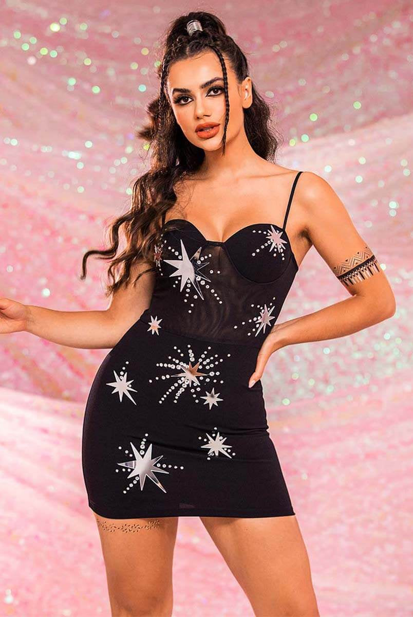 Black Sequin Star Dress - Strappy Rhinestone Mini Dresses