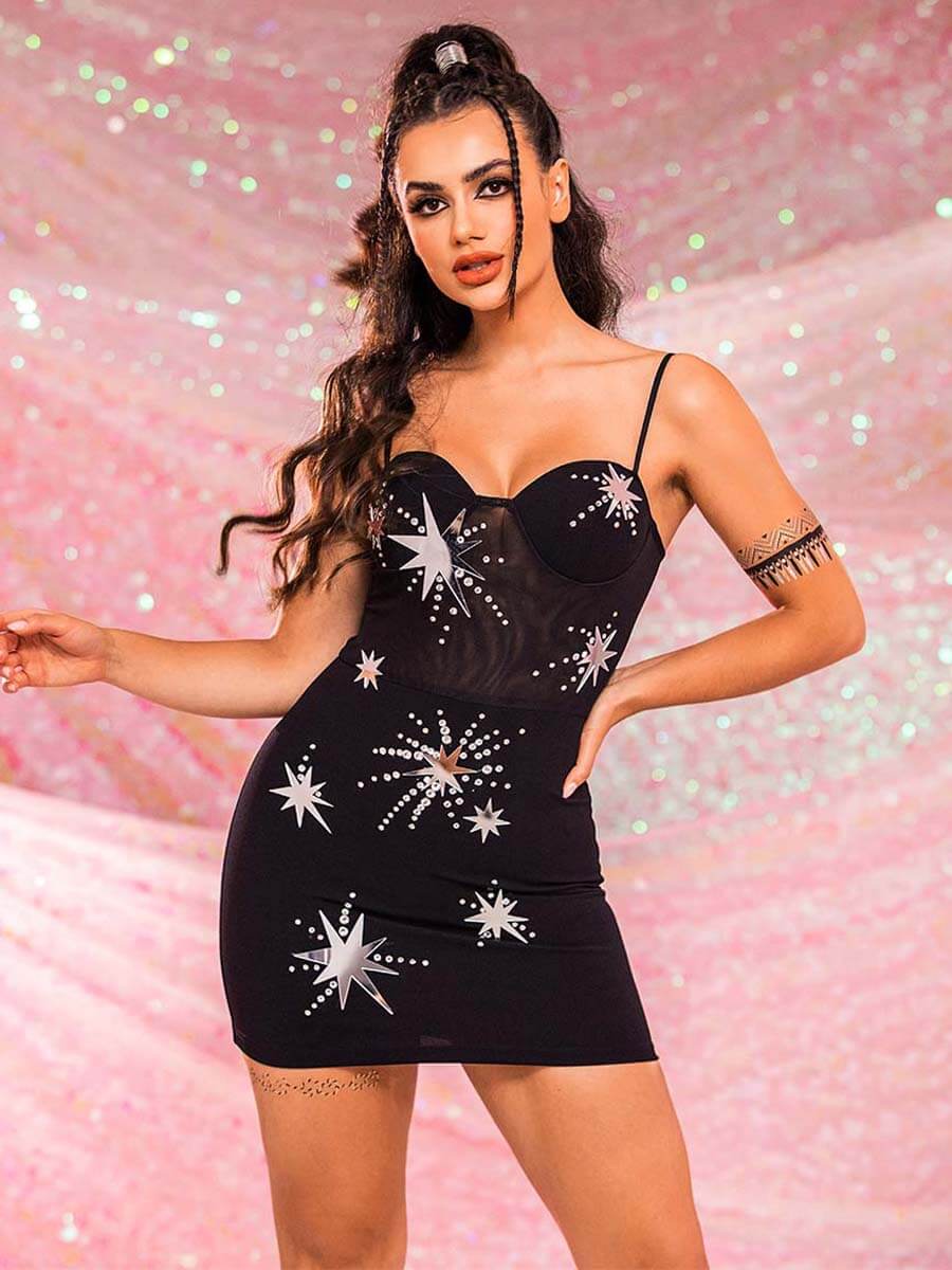 Black Sequin Star Dress - Strappy Rhinestone Mini Dresses