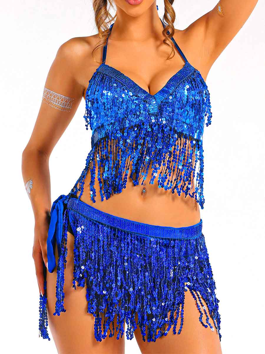 blue sequin tassel two-piece set