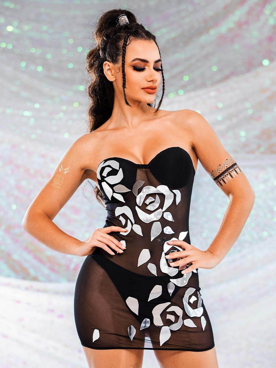 black strapless sequin dress