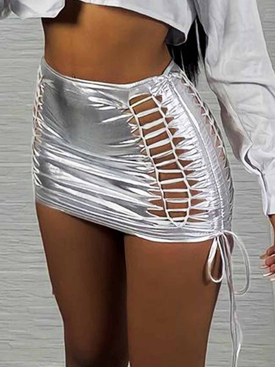 silver reflective tight mini skirt