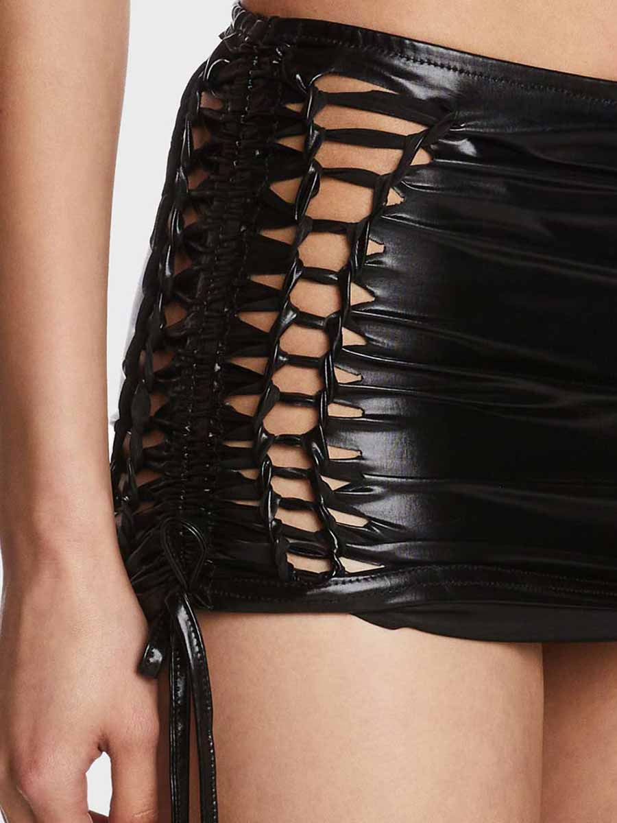 black reflective tight mini skirt