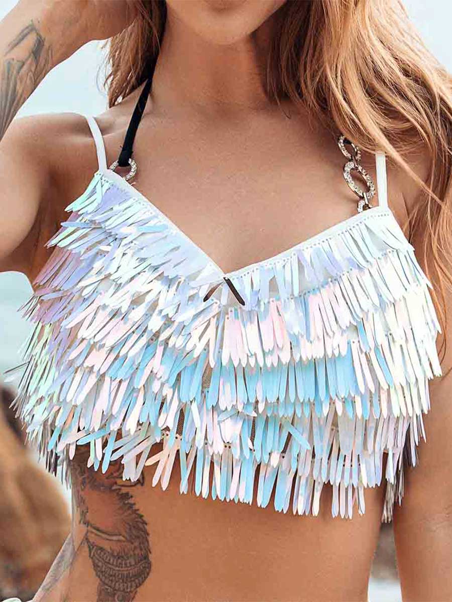 Rainbow Sequin Tassel Cropped Top