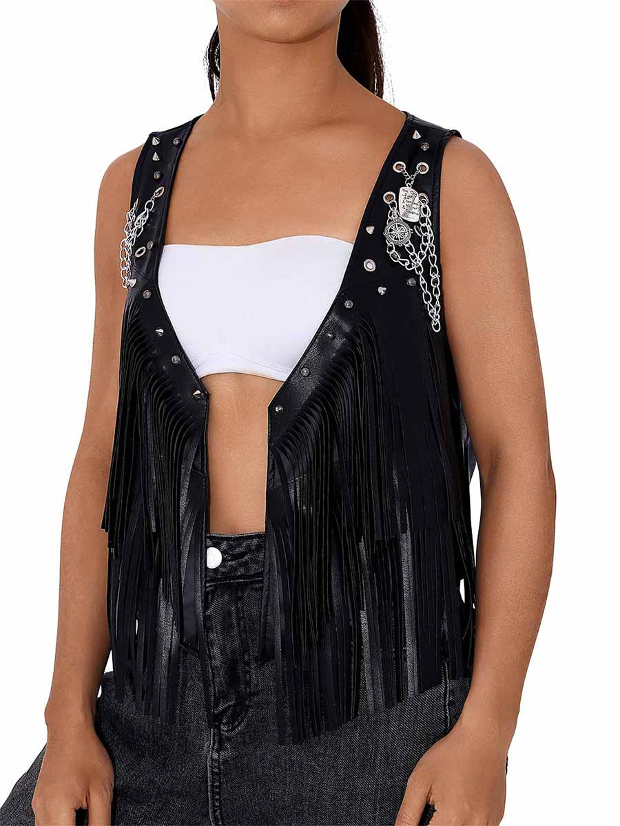 Black Leather Fringe Reflective Vest