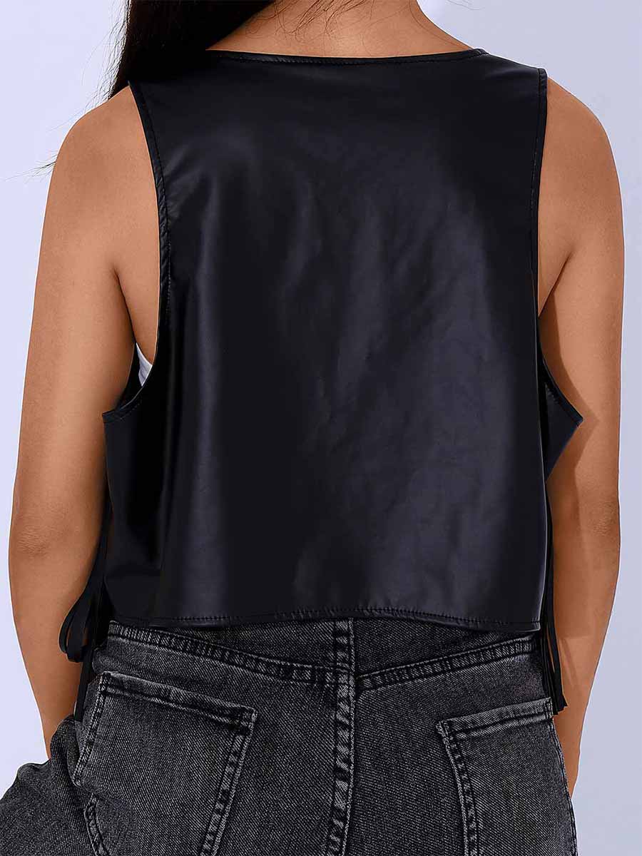 Fringe Trim Reflective Black Leather Vest