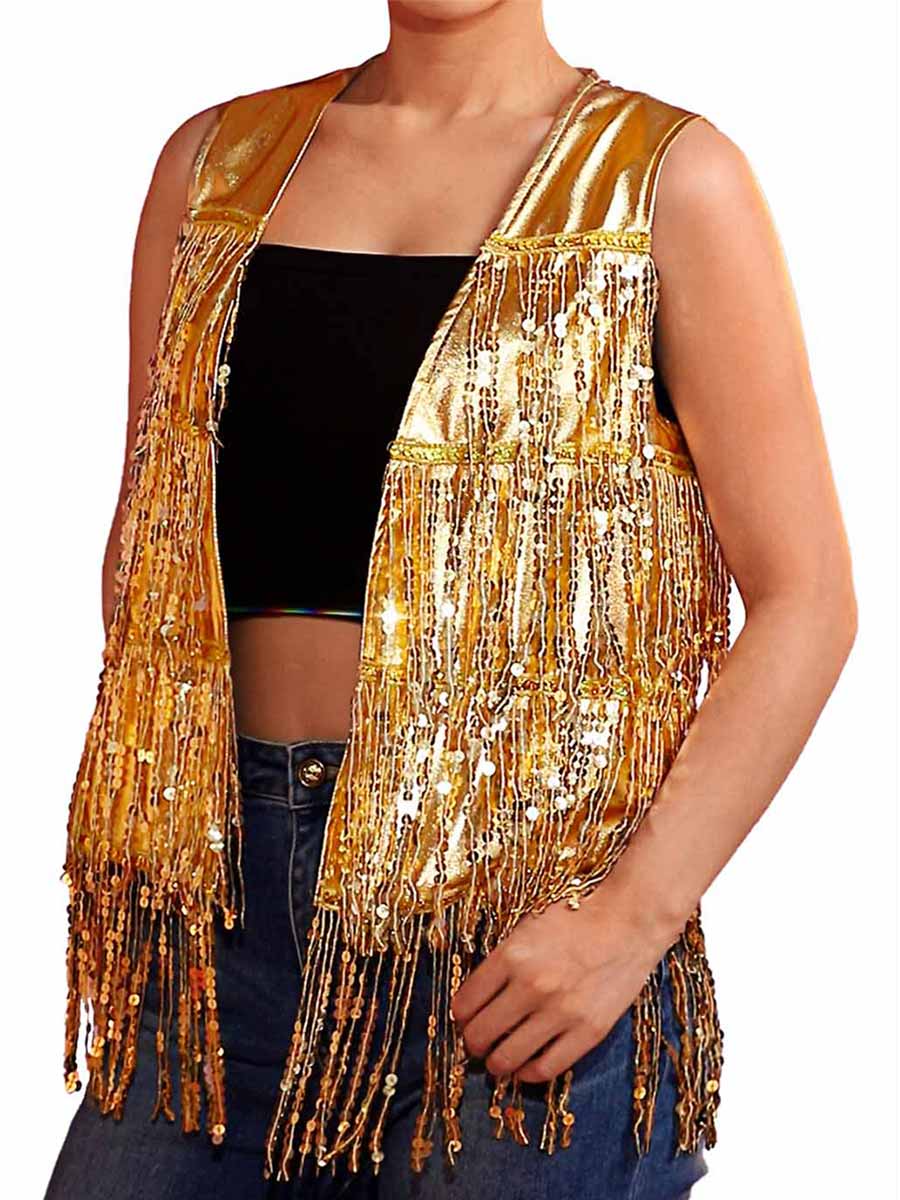 Front-Opening Gold Sequin Tassel Vest