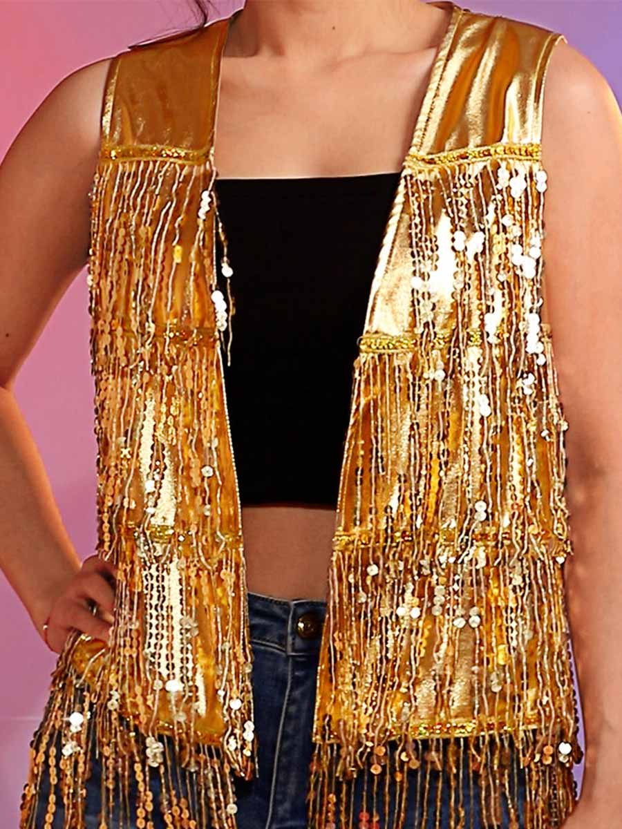 Glittery Gold Sequin Front-Opening Vest