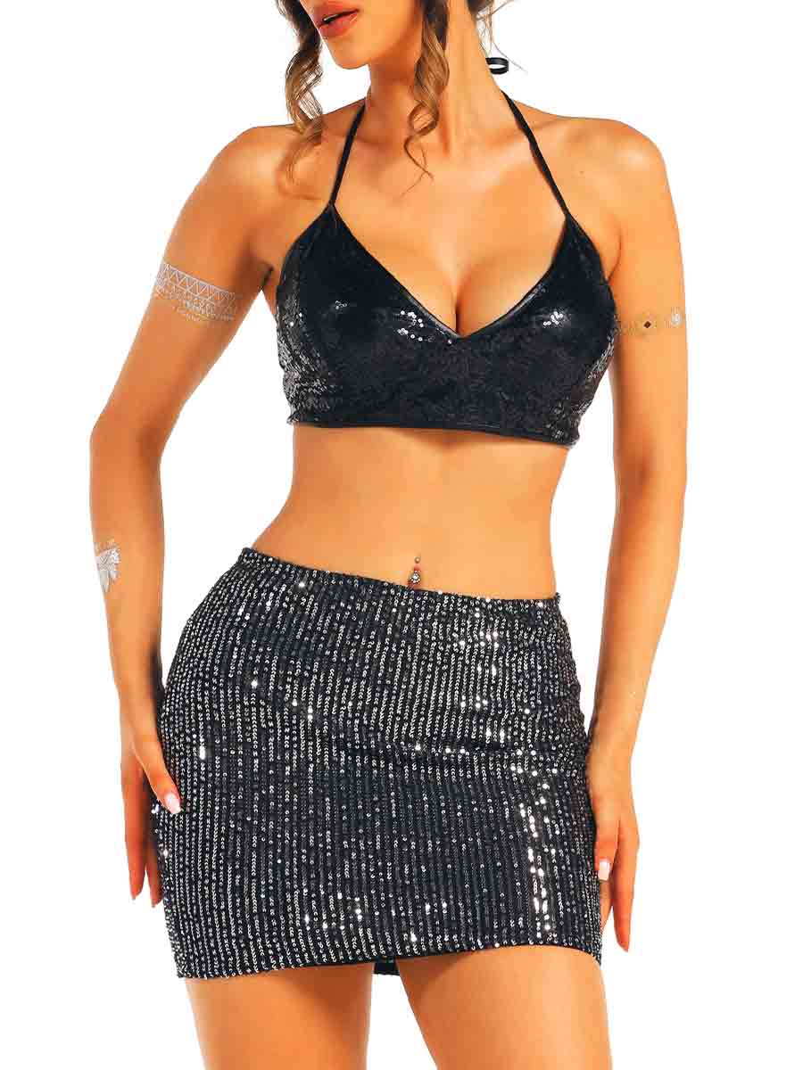 Black Mini Skirt with Silver Sequin Accents