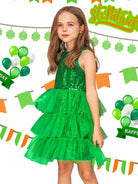 Christmas-Themed Green Sequin Dress for Kids