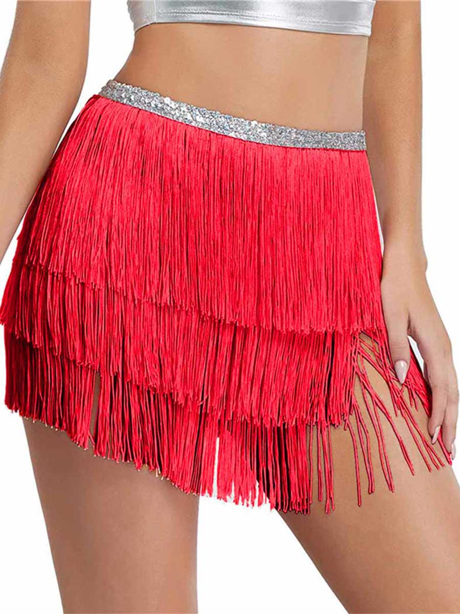 Silver Sequin Red Tassel Skirt