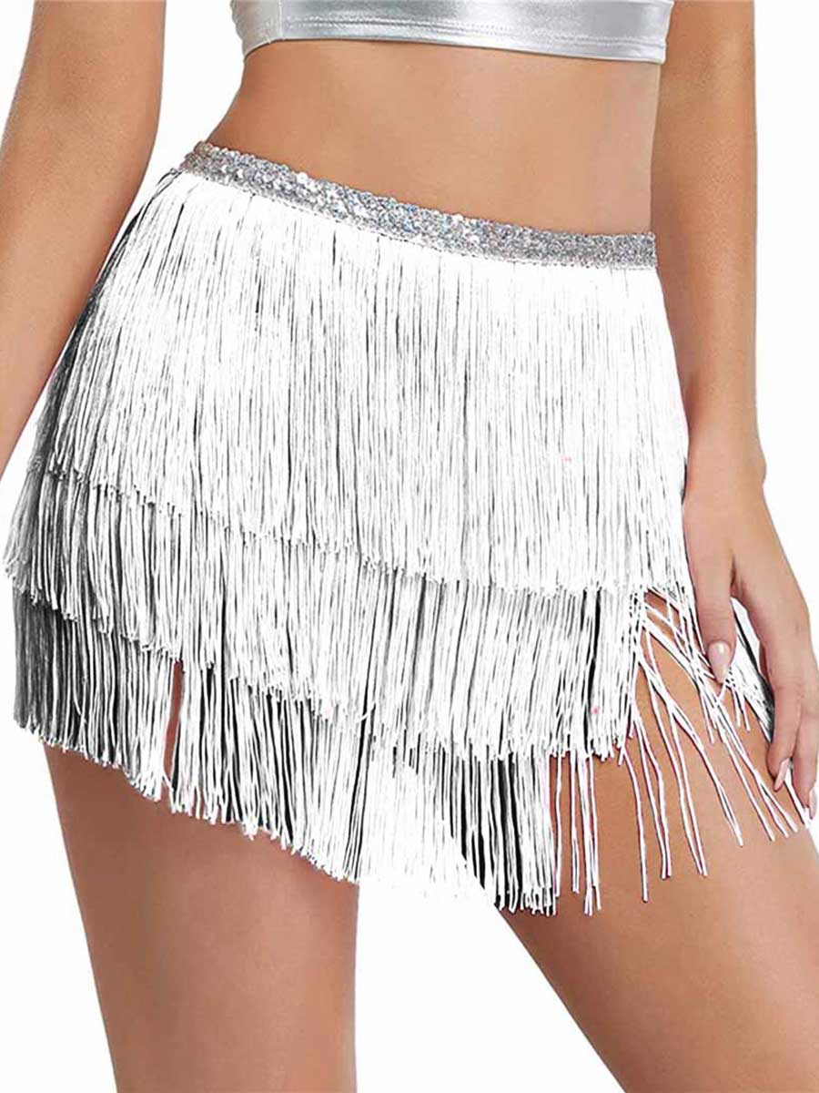 Silver Sequin Fringe Skirt