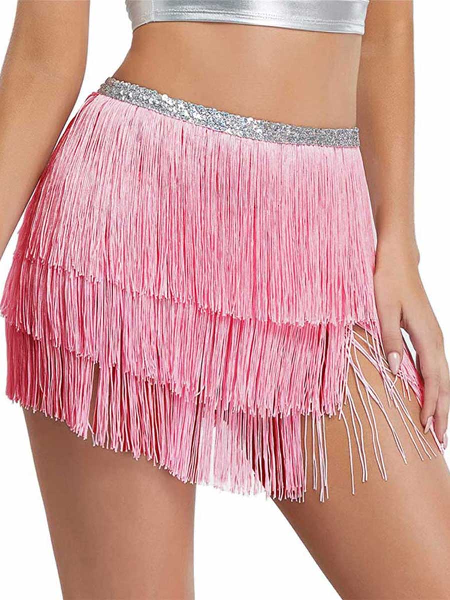 Silver Sequin Pink Tassel Skirt