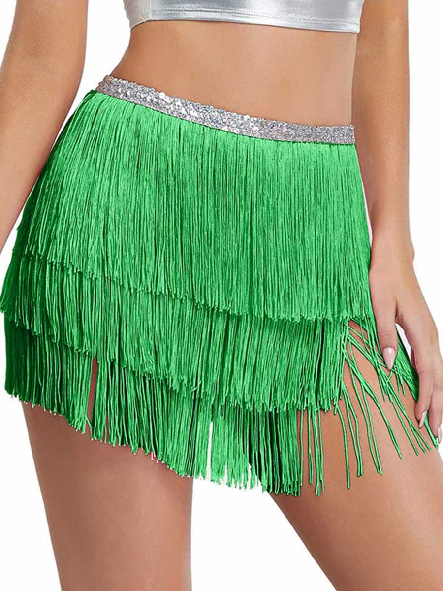 Silver Sequin Green Tassel Skirt