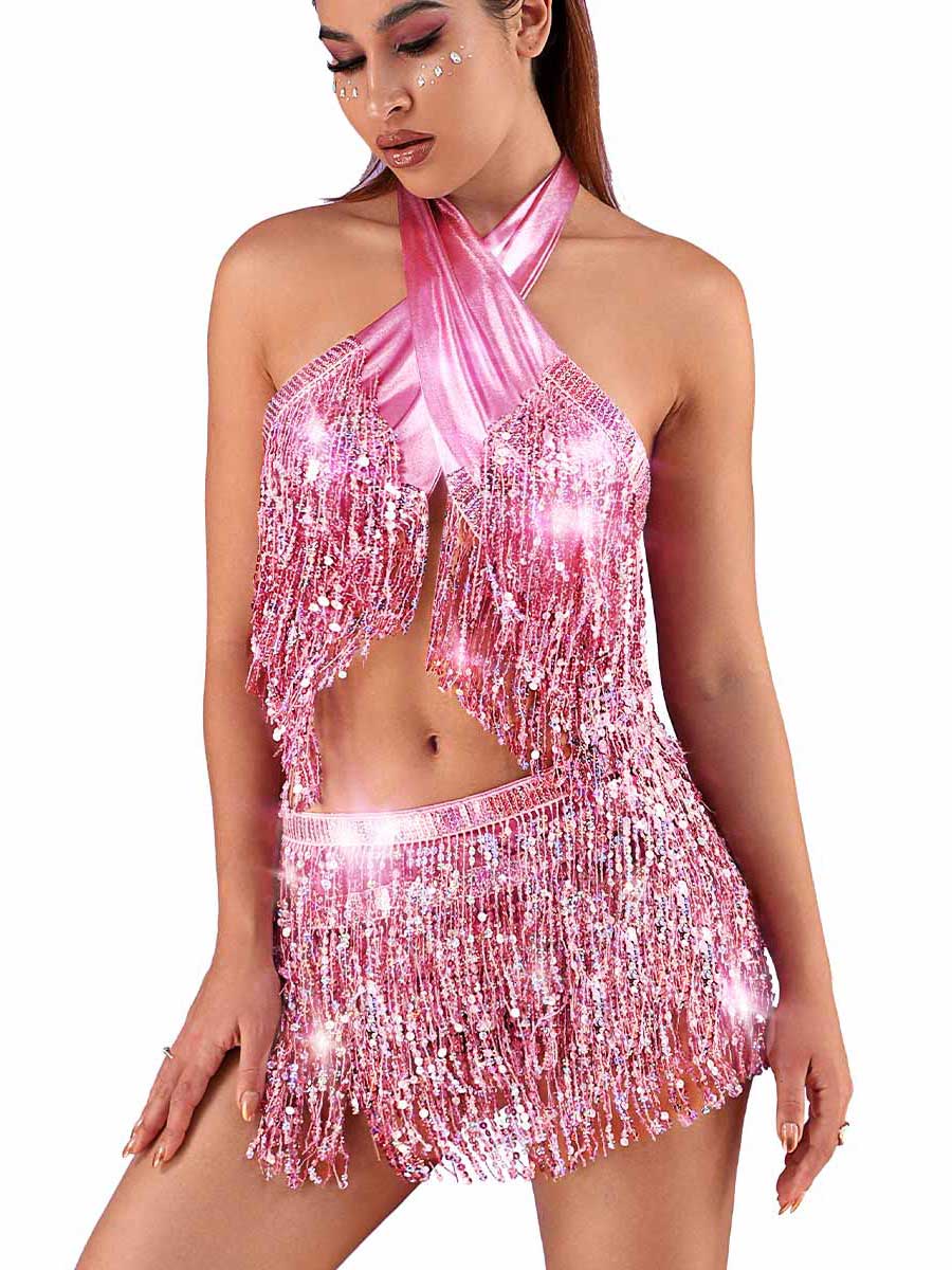 Metallic Pink Sequin Tassel Two-Piece Set