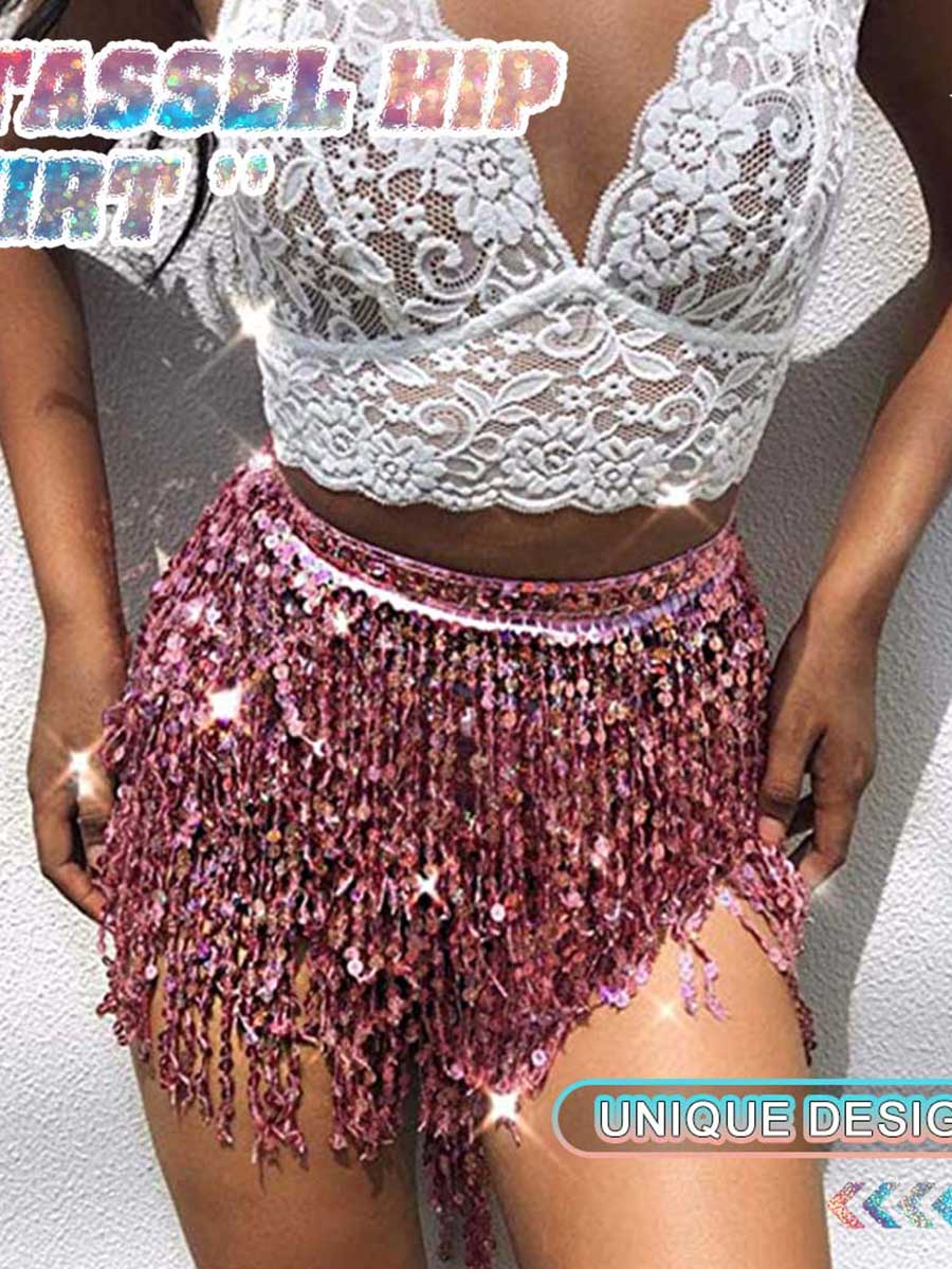 Shimmering Pink Fringe Mini Skirt