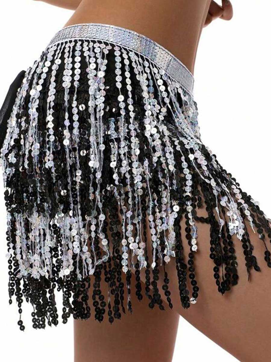 Silver Sparkle Tassel Black Mini Skirt