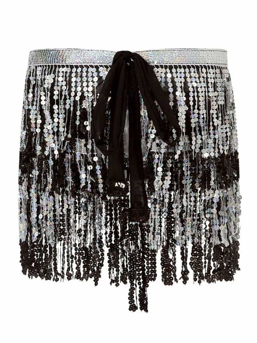 Black Sequin Silver Fringe Club Skirt