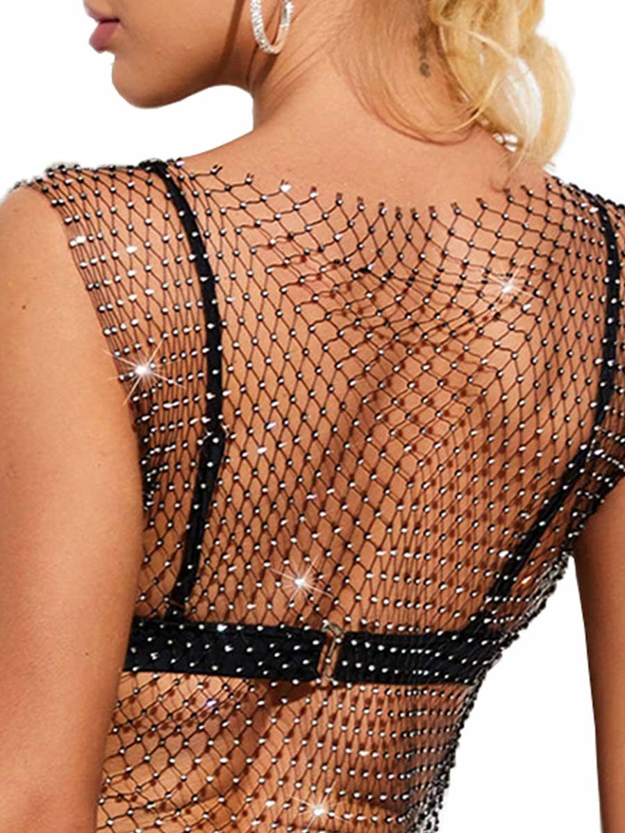 Black Rhinestone Mesh Top