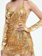 Gold Sequin Party Dress with Tassel Hem and Oversleeves