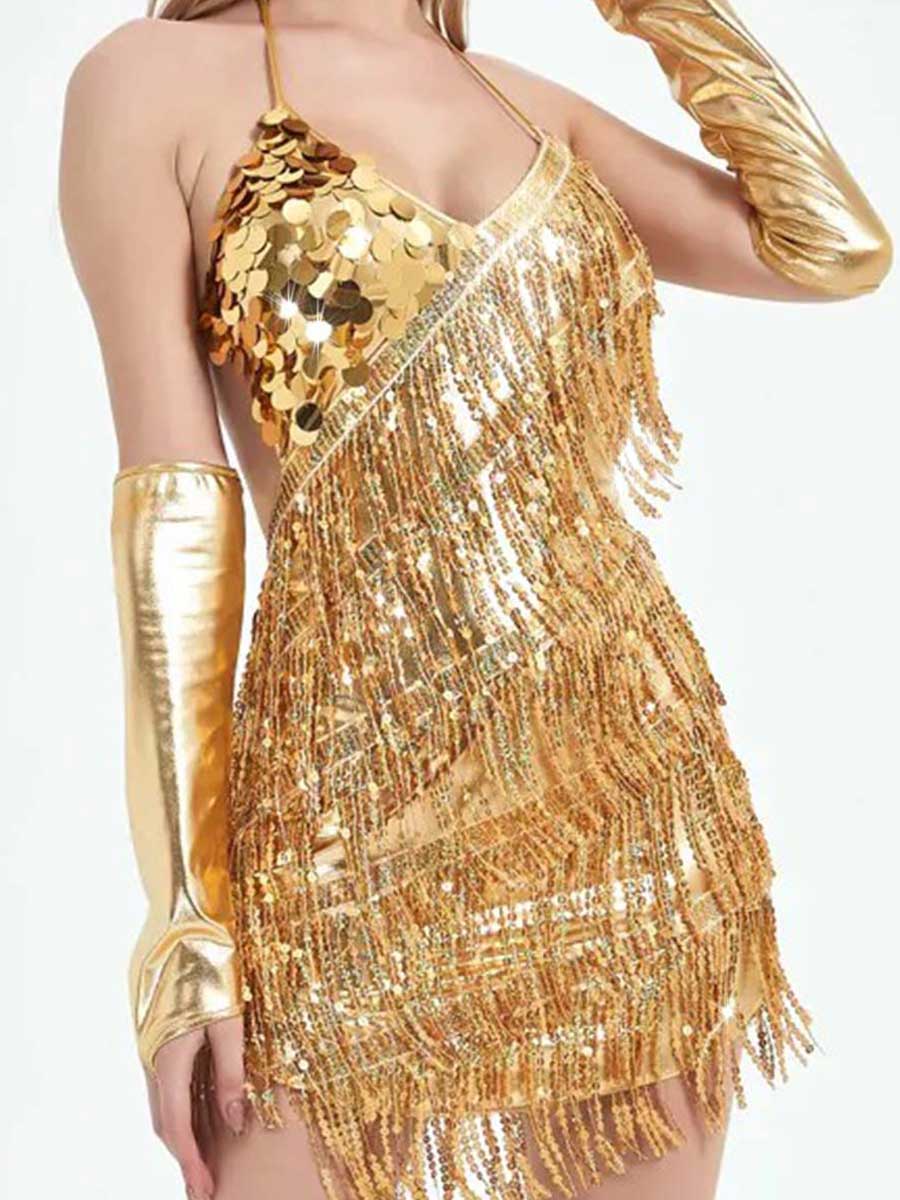 Luxurious Gold Sequin Dress with Hem and Sleeve Wraps