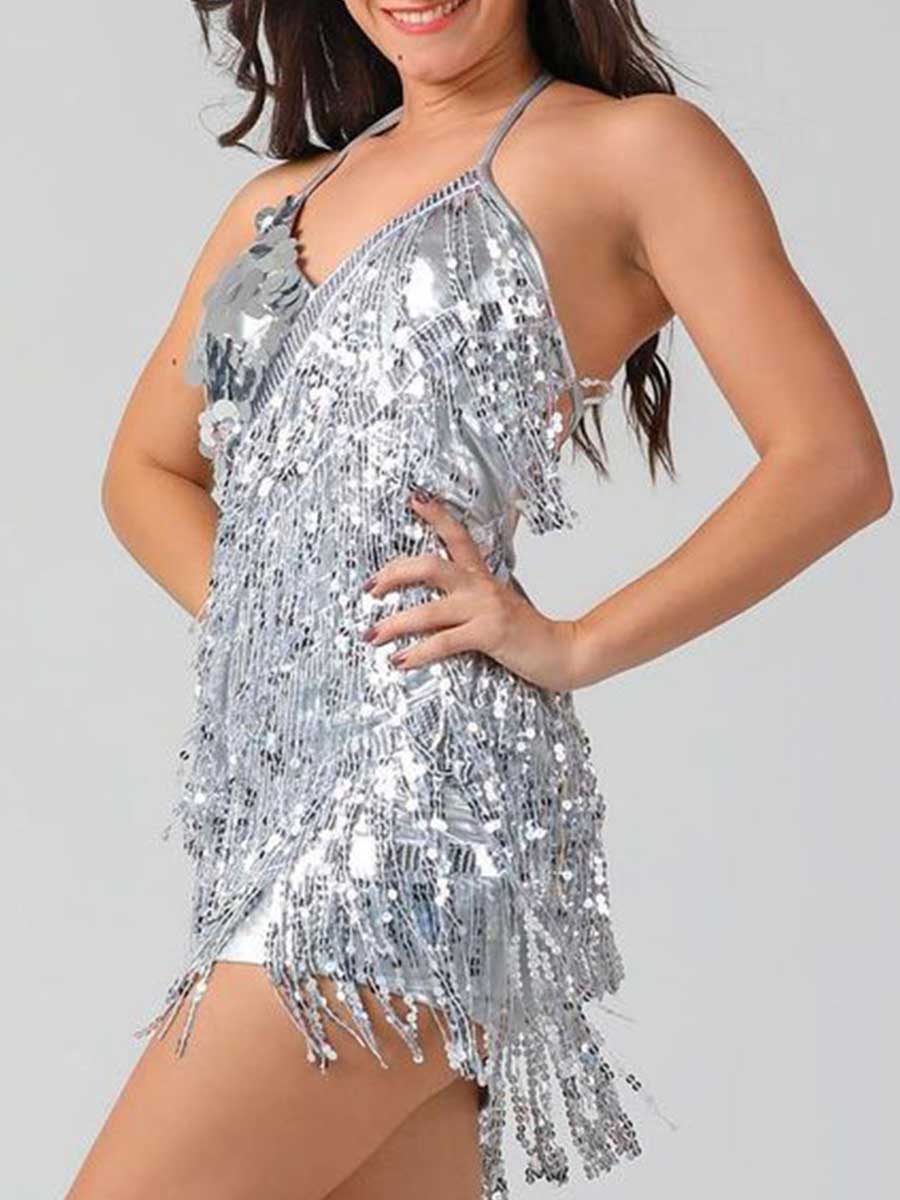 Asymmetric Silver Glitter Tassel Dress