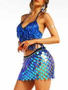 Blue Glitter Fringe Bra and Skirt Set