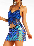 Metallic Blue Tassel Bra with Skirt Ensemble