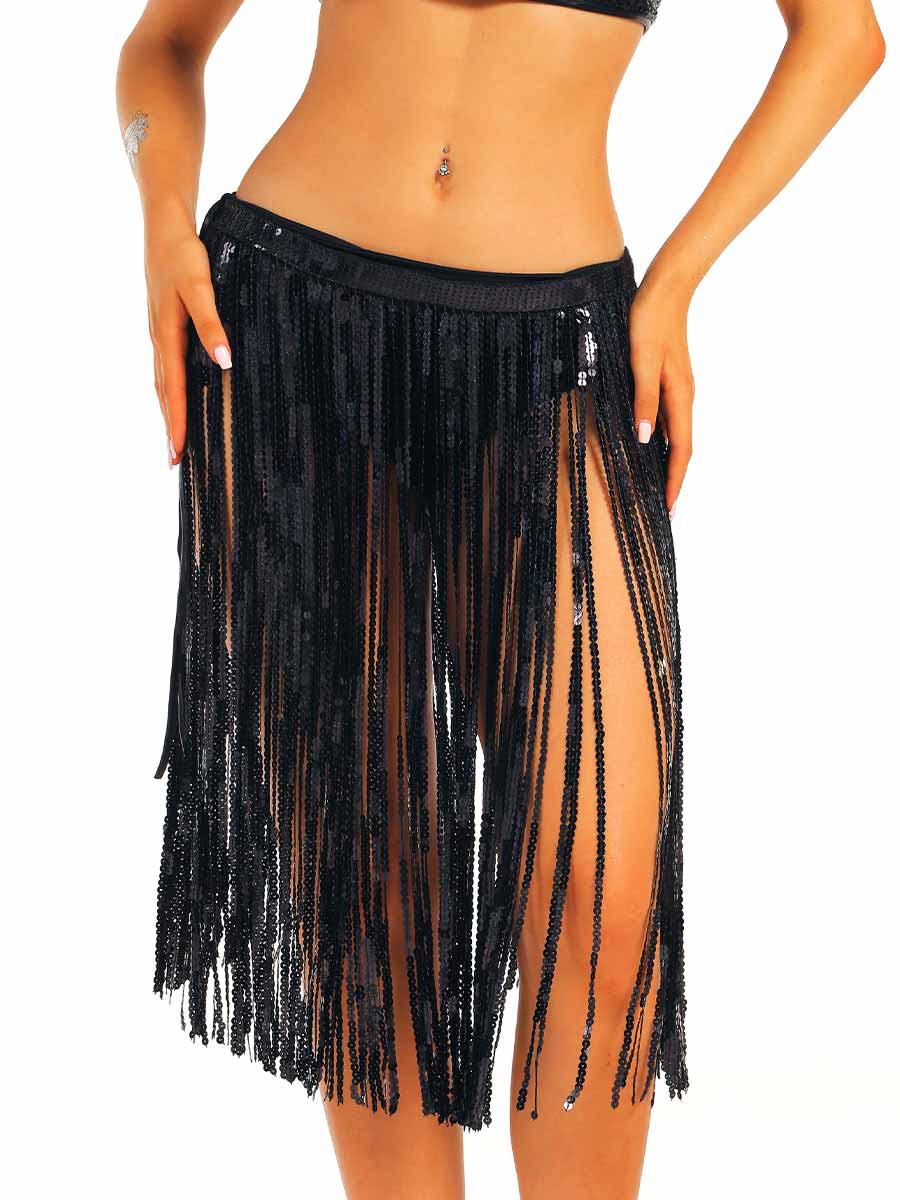 Black Sequin Tassel Midi Skirt