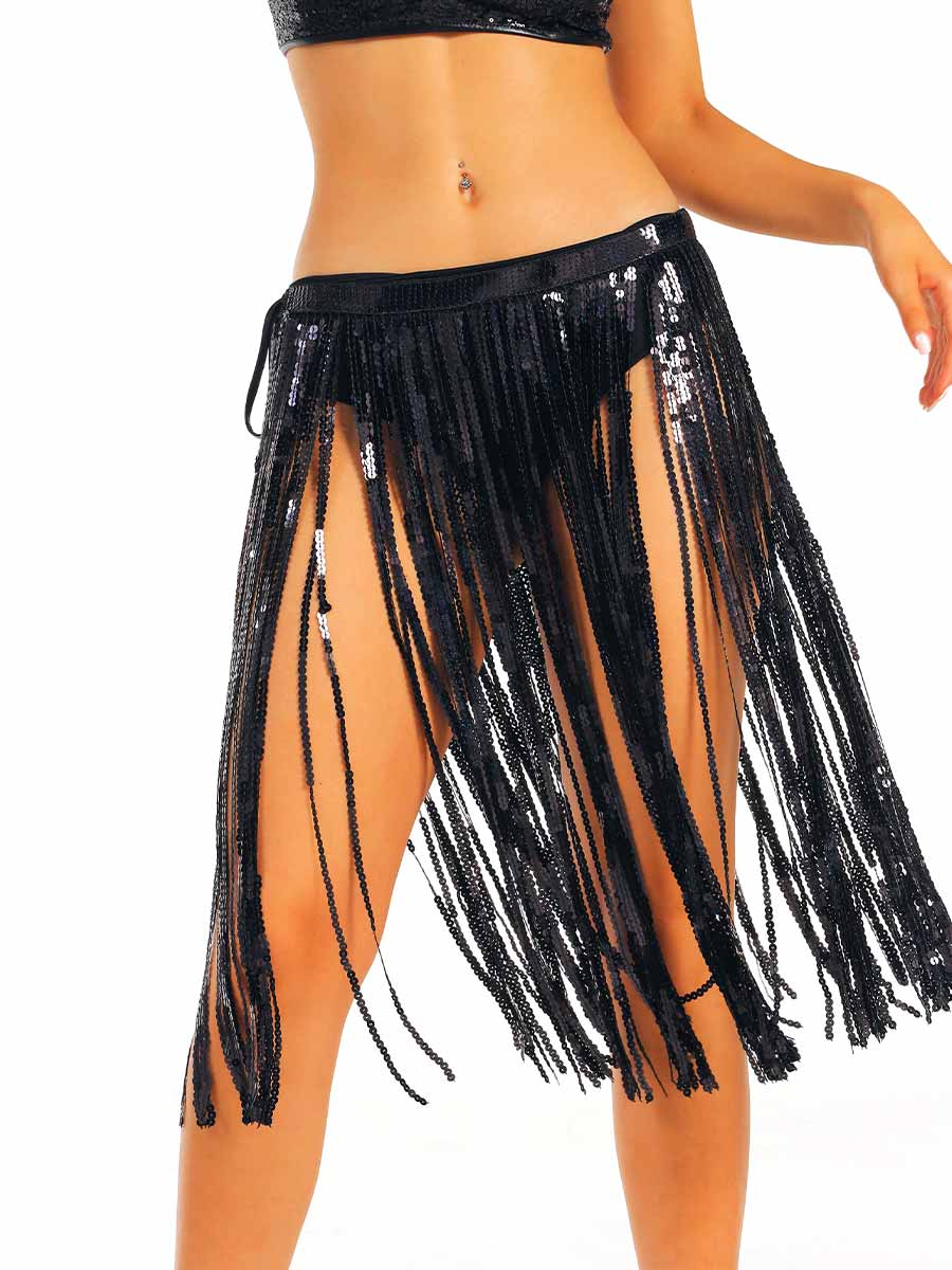 Shimmering Black Fringe Midi Skirt