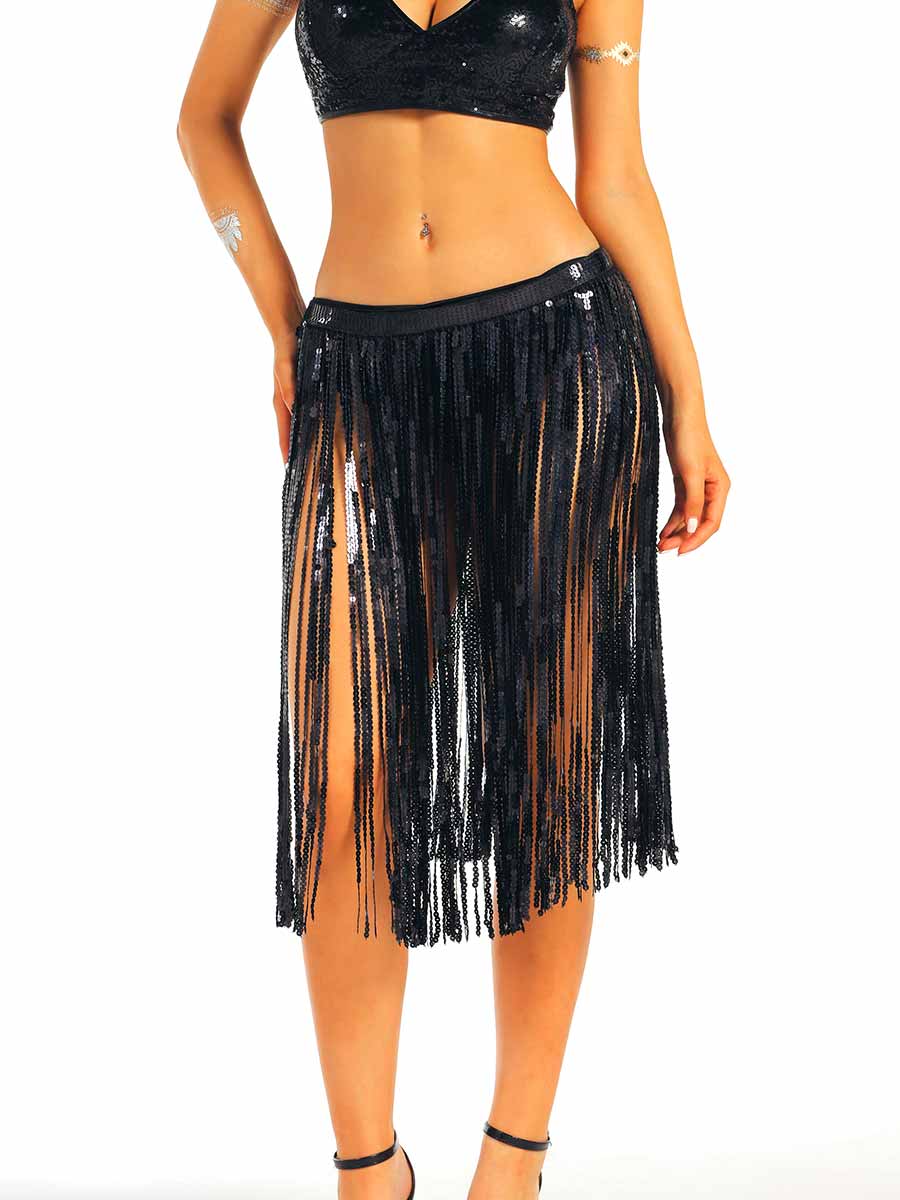 Chic Black Sequin Trim Skirt