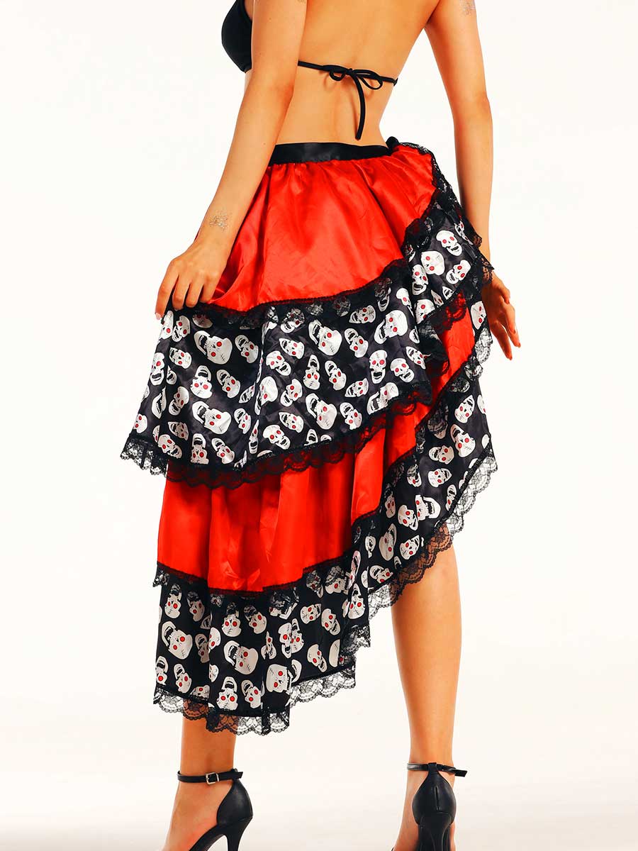 Skull Print Red and Black Side Slit Skirt