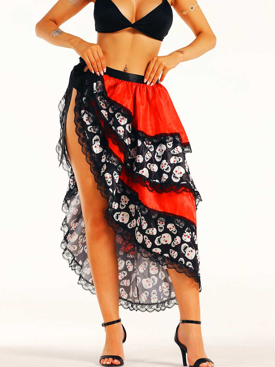 Red and Black Asymmetrical Slit Skirt with Skull Design