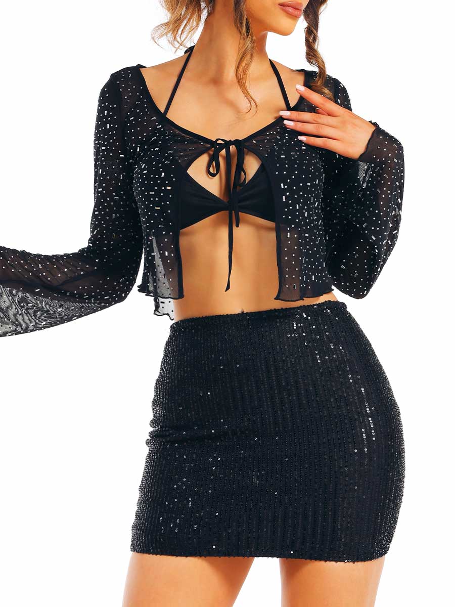 Black Sparkly Top and Sequin Skirt Combination