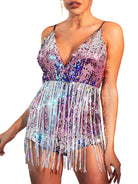 Silver and Pink Sequin Fringe Bodysuit