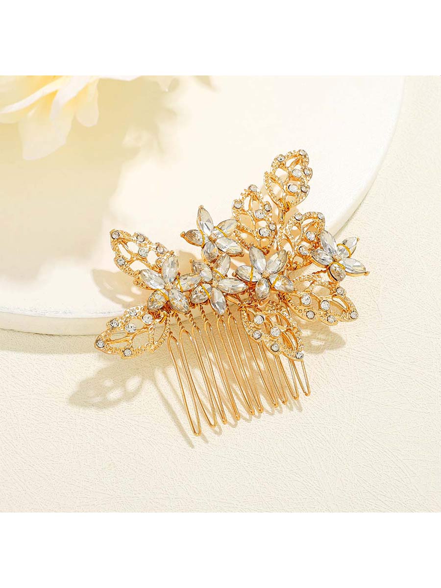 Crystal Decorated Gold Flower and Leaf Shaped Side Comb