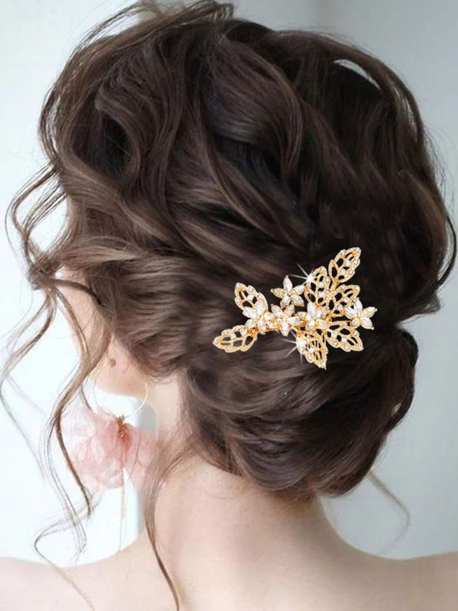 Gold Floral Leaf Crystal Hair Comb