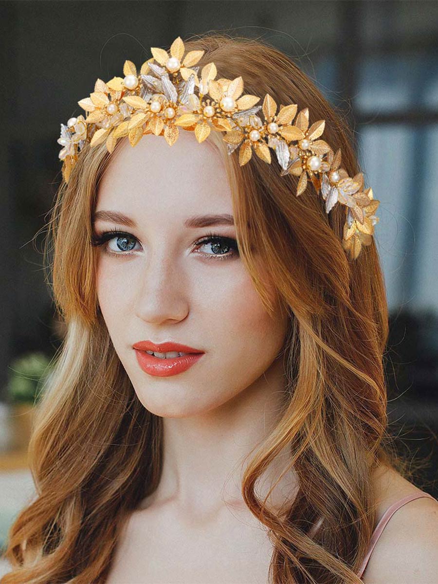 Elegant Gold Leaf Pearl Headband