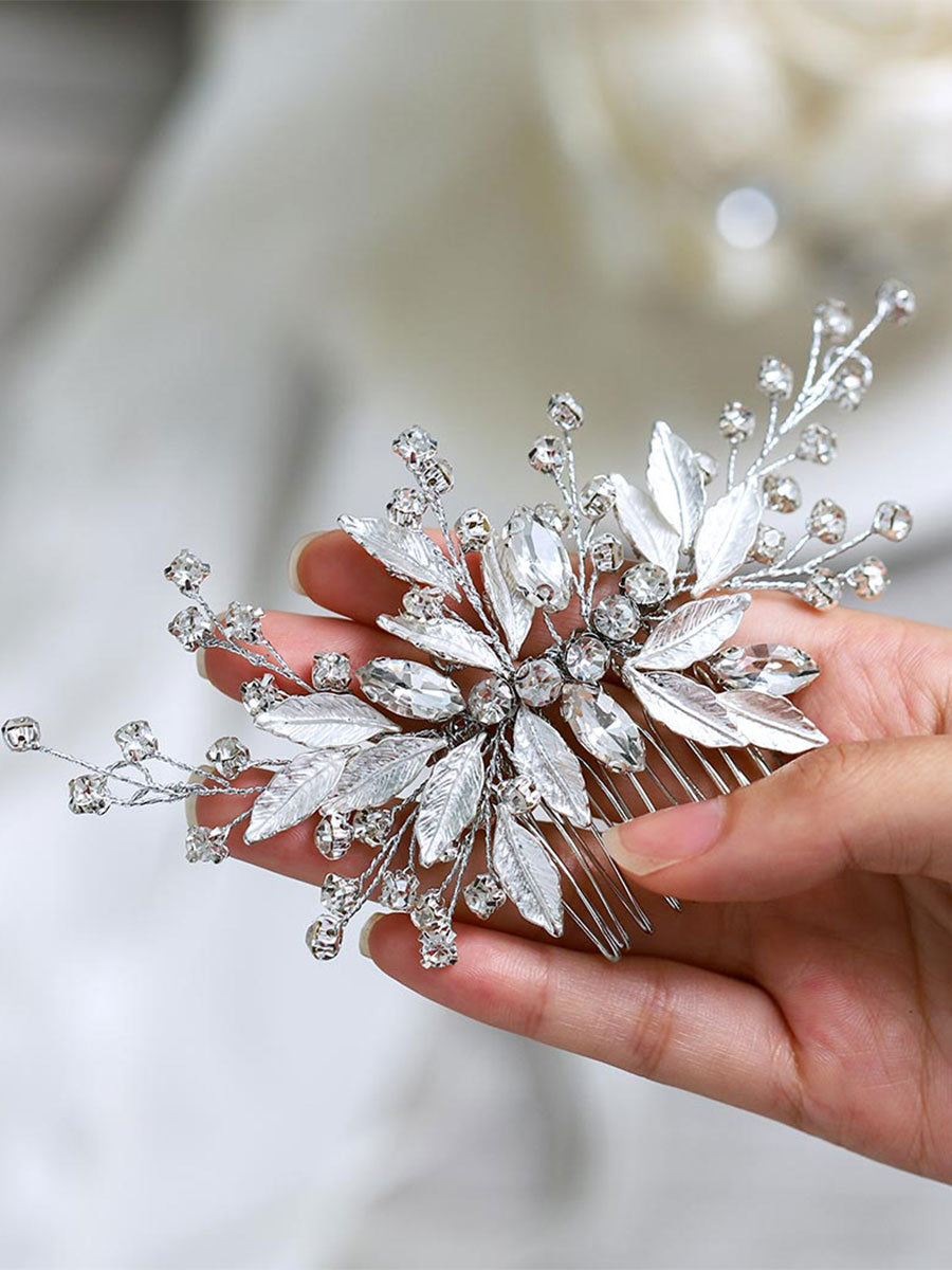 Silver Bridal Hair Ornament with Rhinestone Leaves