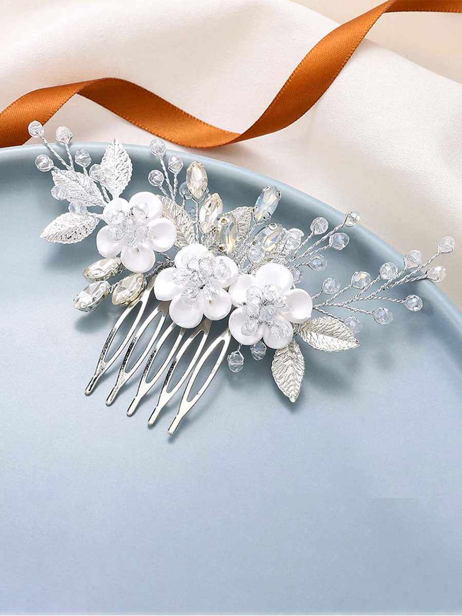 Silver Leaf and White Flower Wedding Hairpiece