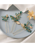 Emerald Crystal and Gold Leaf Hair Clips Set