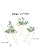 Gold-Plated Leaf and Green Crystal Hair Pins Pack