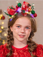 Festive LED Hairband with Red Bow and Multicolored Ornaments