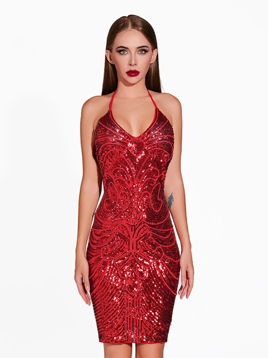 Elegant V-Neck Backless Sequin Dress, Perfect for Latin Dance Parties