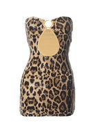 Strapless leopard mini dress with sequins, backless bodycon style