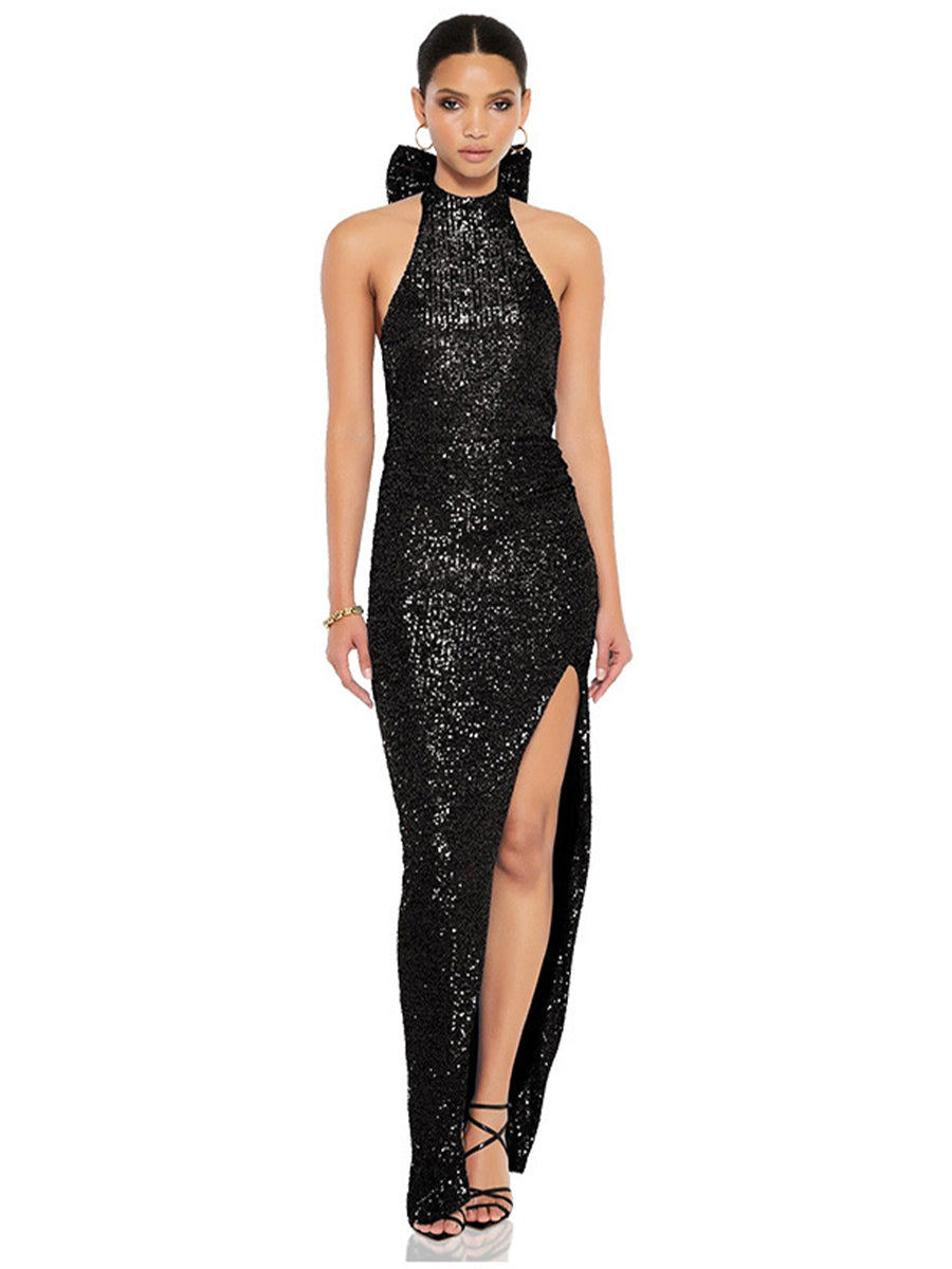 Sequin halter dress with large bow, backless party style