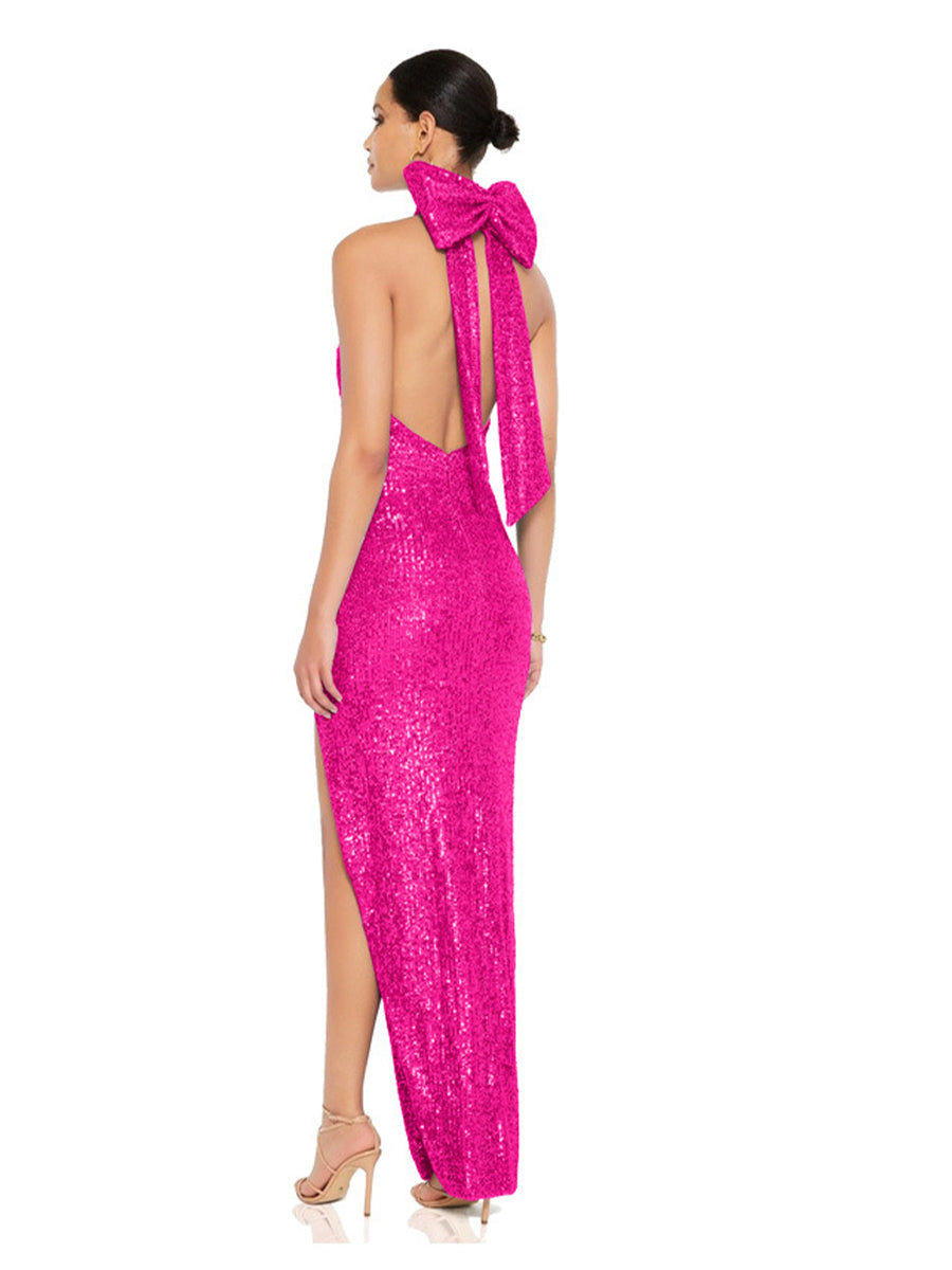 Halter neck sequin dress with oversized bow, backless party gown