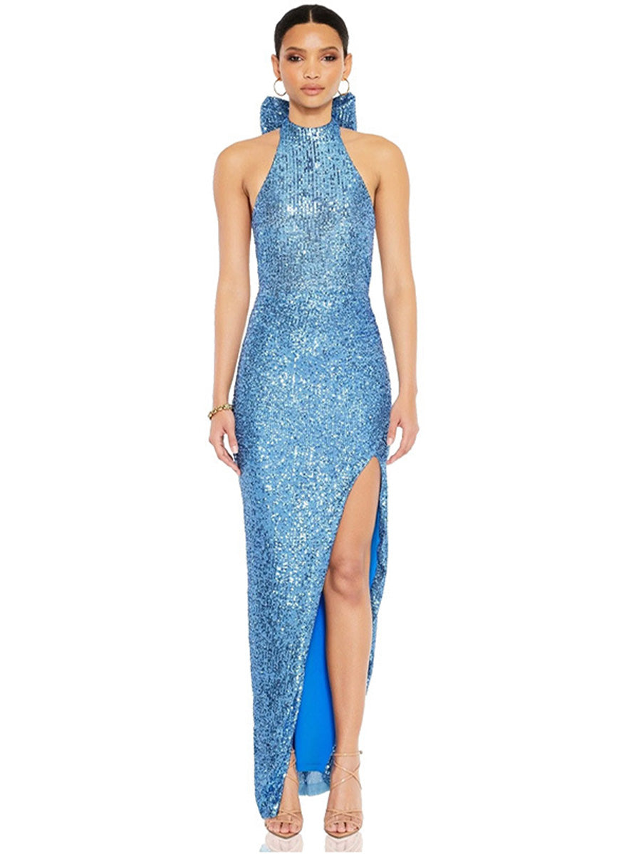 Backless sequin party dress, halter neck, with a chic statement bow