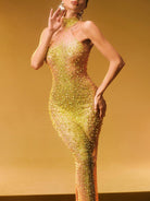 Rhinestone Embellished Mermaid Gown with Long Train - Luxurious Formal Dress